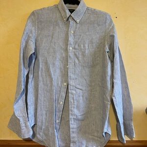 J Crew Mens Linen Button Down Blue and White Stripes
